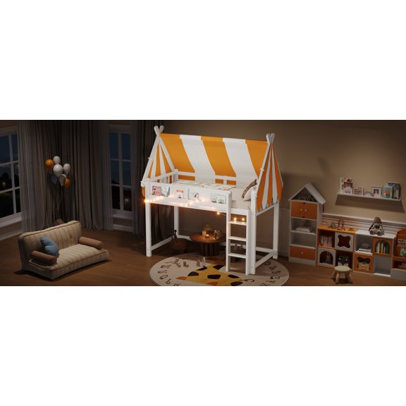 Twin Size Loft Bed with Canopy and LED Lights for , Sturdy Wood Bookshelf Bed Frame with Storage Shelf, White