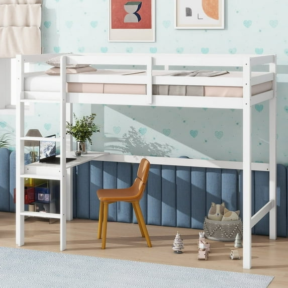 Twin Size Loft Bed with Desk - 66.5" High Rubber Wood Loft Bed with Ladder and Safety Guardrail for Bedroom Dorm Small Room, (White)