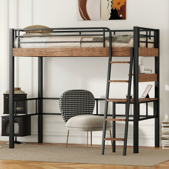 Twin Size Loft Bed with Desk - Black Metal Bunk Bed with Storage Shelf & Ladder