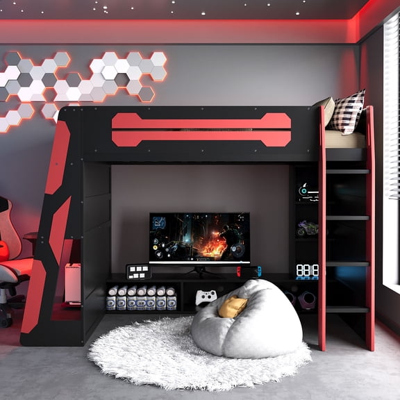 Twin Size Loft Bed with Desk, Gaming Loft Bed with RGB Lights & Storage Shelves, Wood Loft Bed with Built-in Workstation, Red Esports Style