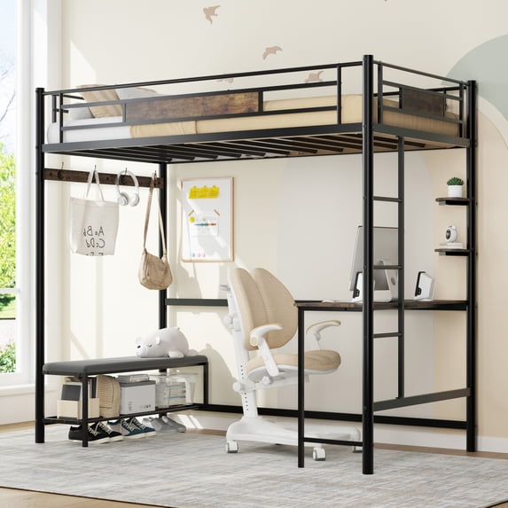 Twin Size Loft Bed with Desk & Shoe Bench,Metal Loft Bed Frame with Power Outlet,Heavy-Duty Loft Beds,No Box Spring Needed,Brown