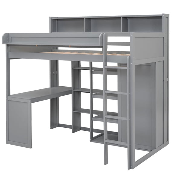 Twin Size Loft Bed with Desk, Solid Wood Twin Loft Bed Frame with Ladder and Wardrobe