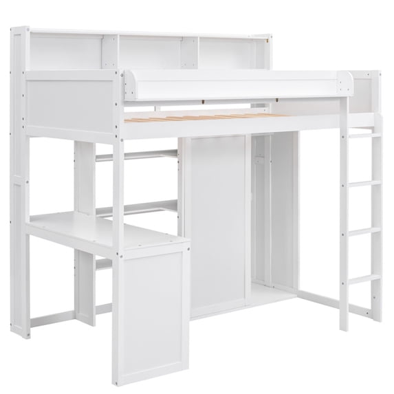 Twin Size Loft Bed with Desk, Solid Wood Twin Loft Bed Frame with Ladder and Wardrobe