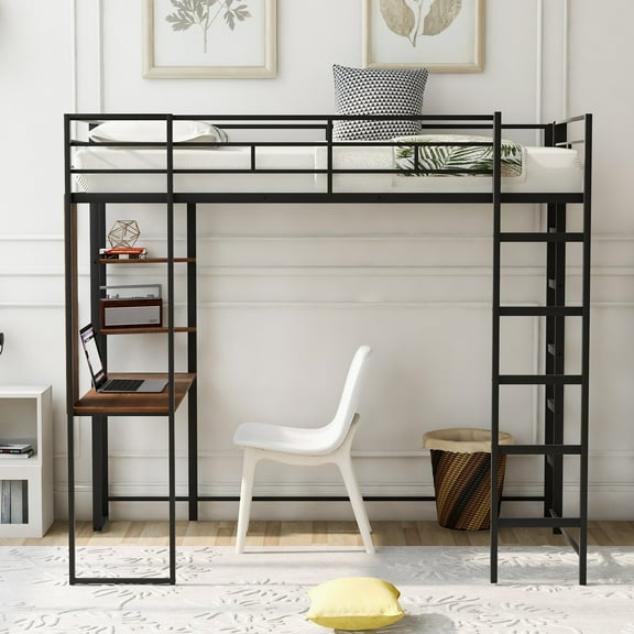 Twin Size Loft Bed with Desk Underneath and Book Shelves, Metal Loft Beds with 2 Built-in Ladders and Full-Length Guardrail, Black