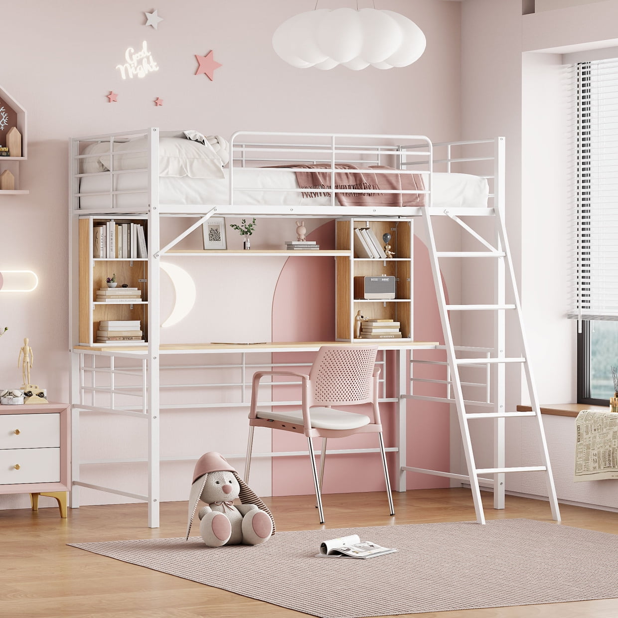 Twin Size Loft Bed with Desk and Shelf , Clearance Loft Beds with
