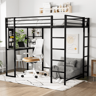 Twin Size Loft Bed with Desk and Shelves for Kids, Metal Bed Frame with 2 Built-in Ladders Hold up to 200lbs for Bedroom