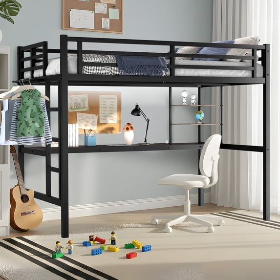 Miniyam Twin Size Loft Bed with Desk and Storage Shelves, Metal Loft ...