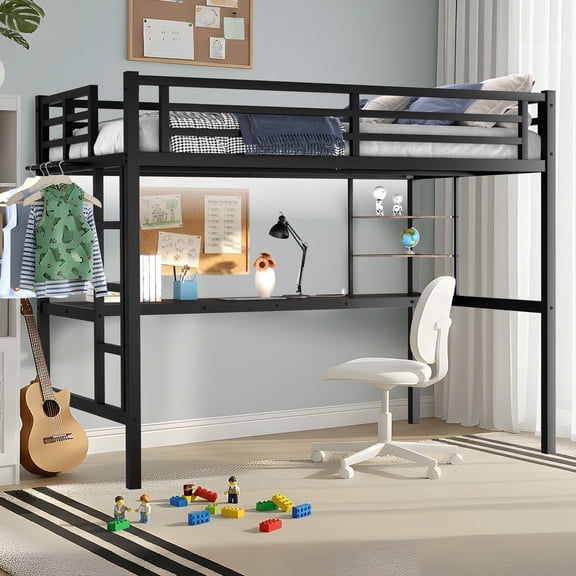 Miniyam Twin Size Loft Bed with Desk and Storage Shelves, Metal Loft Bed with Charging Station and LED Lights