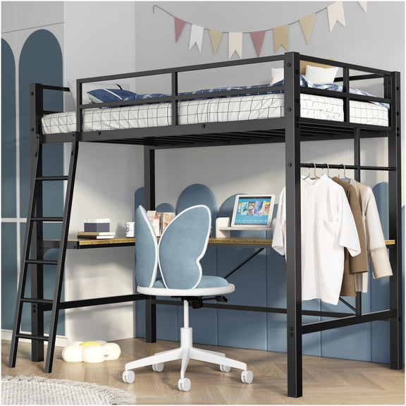 Twin Size Loft Bed with L-Shaped Desk & Charging Station, Heavy Duty Metal Frame, Safety Guardrails, Space-Saving Bunk Bed in Antique Black