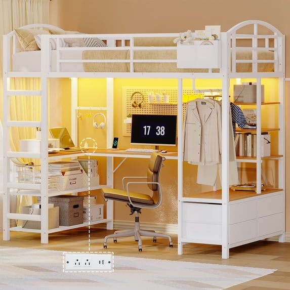 Twin Size Loft Bed with L Shaped Desk and 4 Drawers, Metal Bed Frame with Storage Shelf, Power Outlet and LED Lighted, No Box Spring Needed, White
