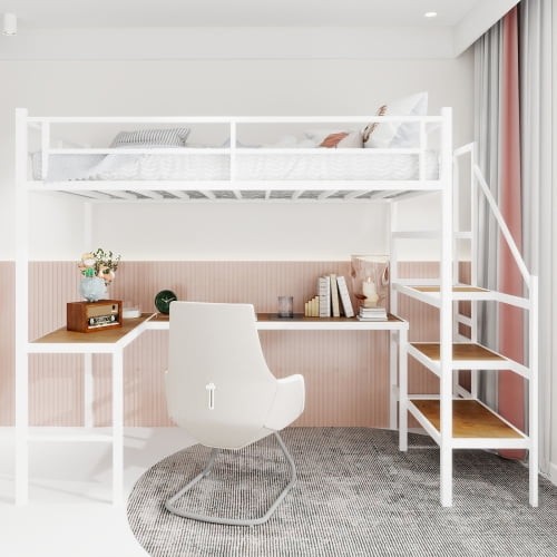 Twin Size Loft Bed with L-Shaped Desk and Stairs, Large Storage Shelves, Space-Saving Study Sleeper Furniture for Bedroom Office Dorm, White