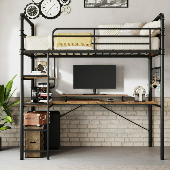 Twin Size Loft Bed with L-Shaped Desk ndustrial Heavy Duty Loft Bed Frame with High Guardrail and Ladder Easy Assembly