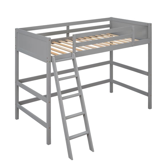 Twin Size Loft Bed with Ladder, Solid Wood Twin Size Platform Bed Frame with Guard Rails