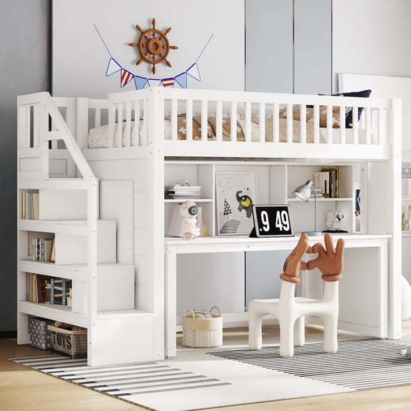 Twin Size Loft Bed with Movable Desk, Wood Loft Bed with Storage Stairs and Shelves, 2-in-1 Multifunctional Loft Bed Frame for Living Room, White