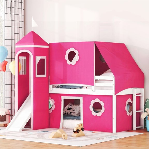 Twin Size Loft Bed with Pink Tent and Slide, Made of Quality Pine & MDF