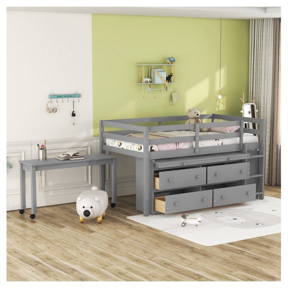 Twin Size Loft Bed with Retractable Desk & 4 Drawers, Gray