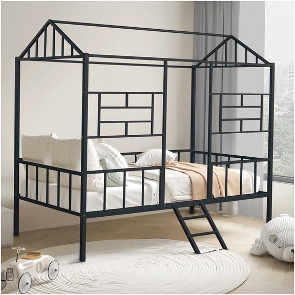Twin Size Loft Bed with Roof Top, Black Metal Bunk Bed Frame with Slanted Ladder, Space Efficient Design for Small Spaces
