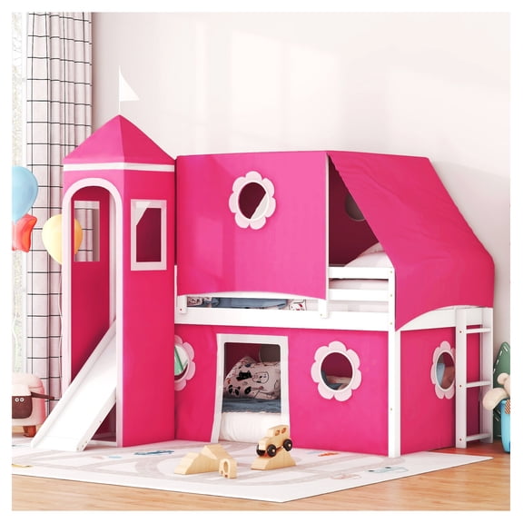 Twin Size Loft Bed with Slide Pink Tent and Tower - Pink(OLD SKU:WF532005AAH)