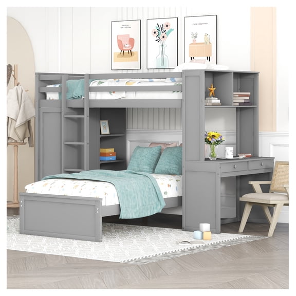 Twin Size Loft Bed with Stand-alone Bed, Shelves, Desk & Wardrobe, Gray