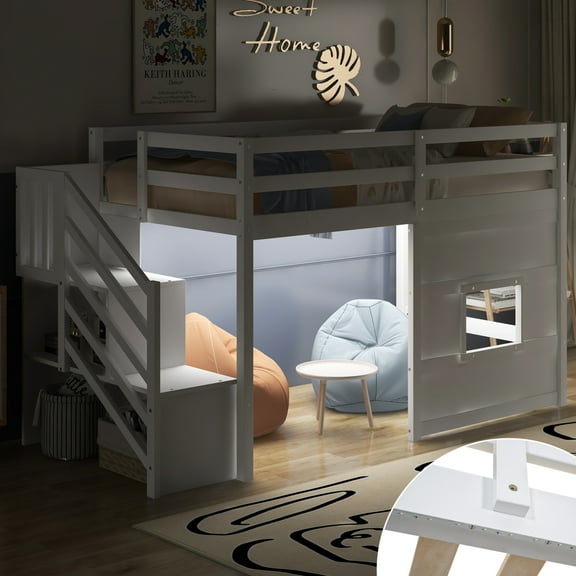 Twin Size Loft Bed with Storage Staircase and Window, With LED Light, White