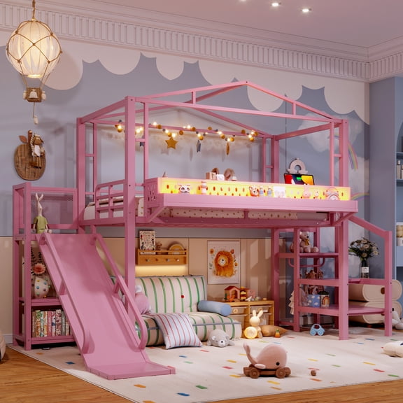 Twin Size Loft Bed with Storage Stairs, Shelves and Built-in Wardrobe, Metal Loft Bed Frame with USB Ports and LED Lights, Noise-reduced Design, Pink