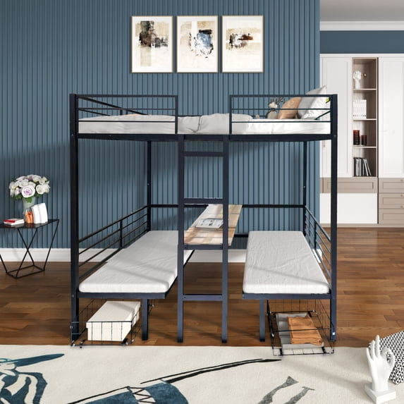 Twin Size Loft Bed with Table Sets, Transformable To Twin Over Twin Bunk, Metal Construction Loft Bed with Guardrails and Two Drawers