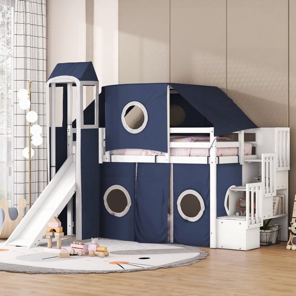 Twin Size Loft Bed with Tent and Tower - Impressive Blue Bedroom Focus