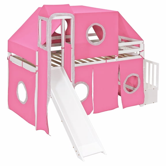 Twin Size Loft Bed with Tent and Tower - Pink