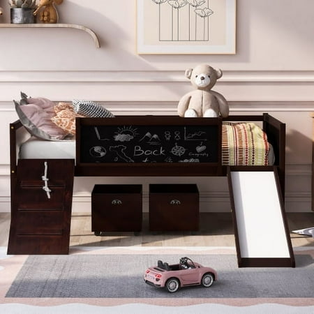 Harper & Bright Designs Twin Size Loft Bed with Two Storage Boxes Multi-Functional Wood Loft Bed with Climbing Frame Slide and Guardrails Espresso