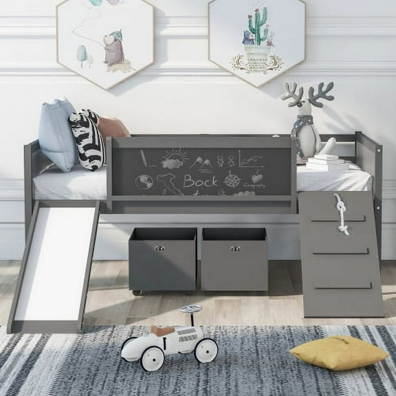 Harper & Bright Designs Twin Size Loft Bed with Two Storage Boxes Multi-Functional Wood Loft Bed with Climbing Frame Slide and Guardrails Gray