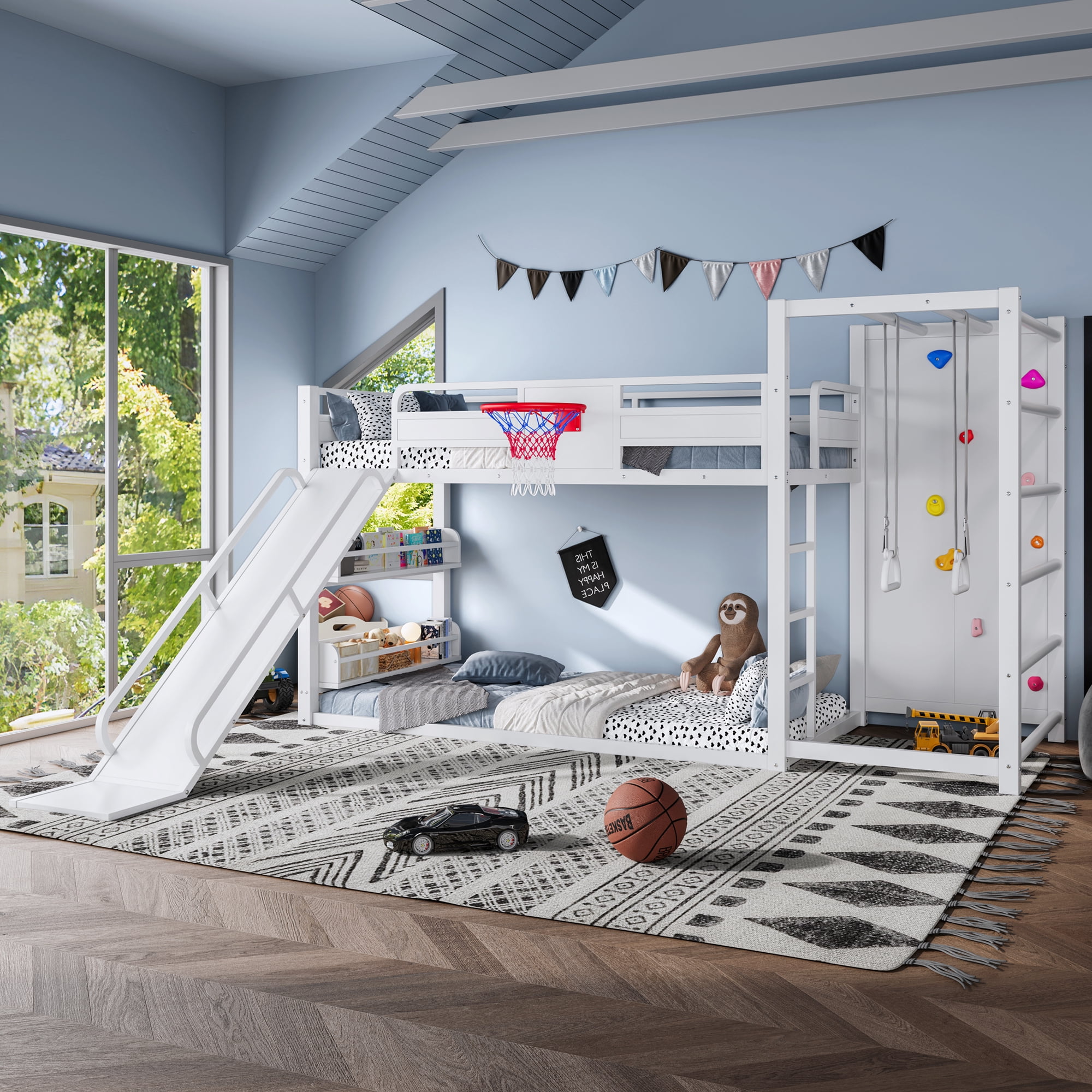 Twin Size Loft/Bunk Bed with Basketball Hoop, Pull-up Rings and Climbing Wall, Metal Loft Bed Frame with Slide and Bookshelves, Heavy Duty Bunk Beds with Guardrail