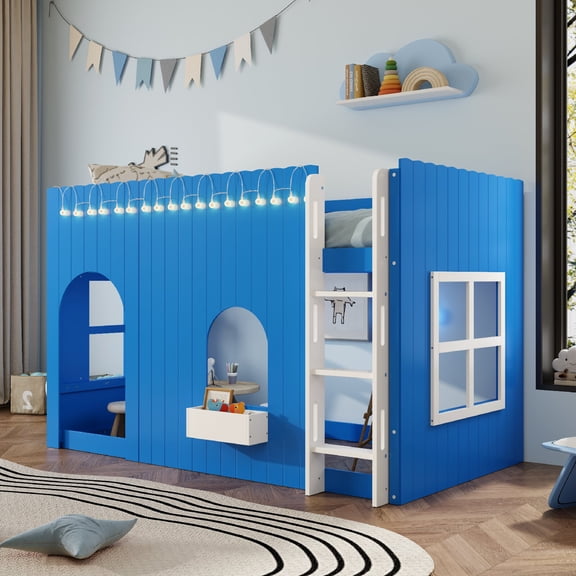 Twin Size Loft Frame with Underbed Space,LED Light String Wood Loft Frame with Build-in Ladder and  Shelf  for Dorms, Bedrooms,Mattress Not Included, No Box Spring Required, Klein Blue