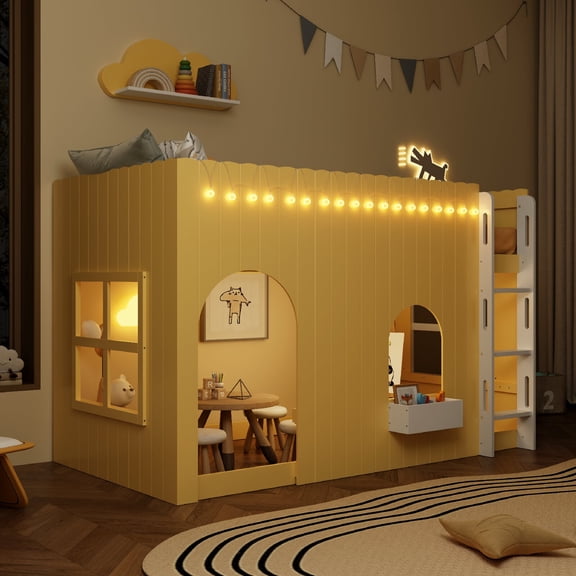 Twin Size Loft Frame with Underbed Space, LED Light String Wood Loft Frame with Build-in Ladder and  Shelf  for Dorms, Bedrooms,Mattress Not Included, No Box Spring Required, Primrose Yellow