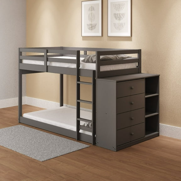 Twin Size Low Bunk Bed Frame with Storage, Floor Bunk Beds Frame with 4 Drawers and 3 Shelves, Solid Wood Bedframe with Guardrails and Ladder for Bedroom, Dorm, Gray