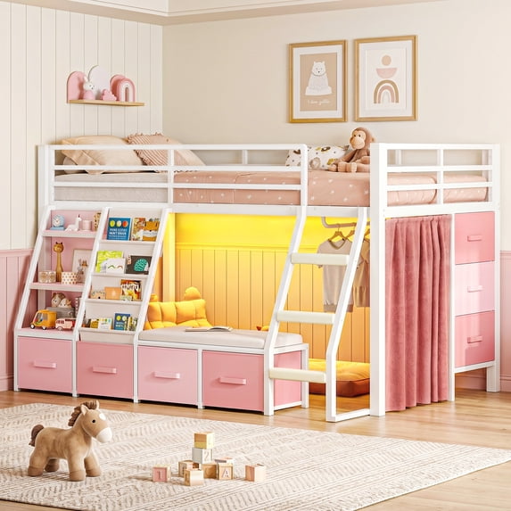 Twin Size Low Loft Bed with 7 Drawers & Bookshelf Reading Nook & Upholster Cushioned Seats LED Under-bed Play House Metal Platform Bed Small Space Furniture Pink