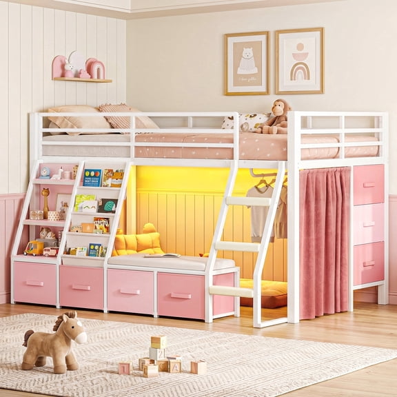Twin Size Low Loft Bed with 7 Drawers & Bookshelf Reading Nook & Upholster Cushioned Seats LED Under-bed Play House Metal Platform Bed Small Space Furniture Pink
