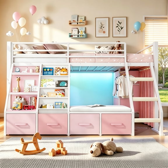 Twin Size Low Loft Bed with 7 Drawers & Bookshelf Reading Nook & Upholster Cushioned Seats LED Under-bed Play House Metal Platform Bed Small Space Furniture Pink