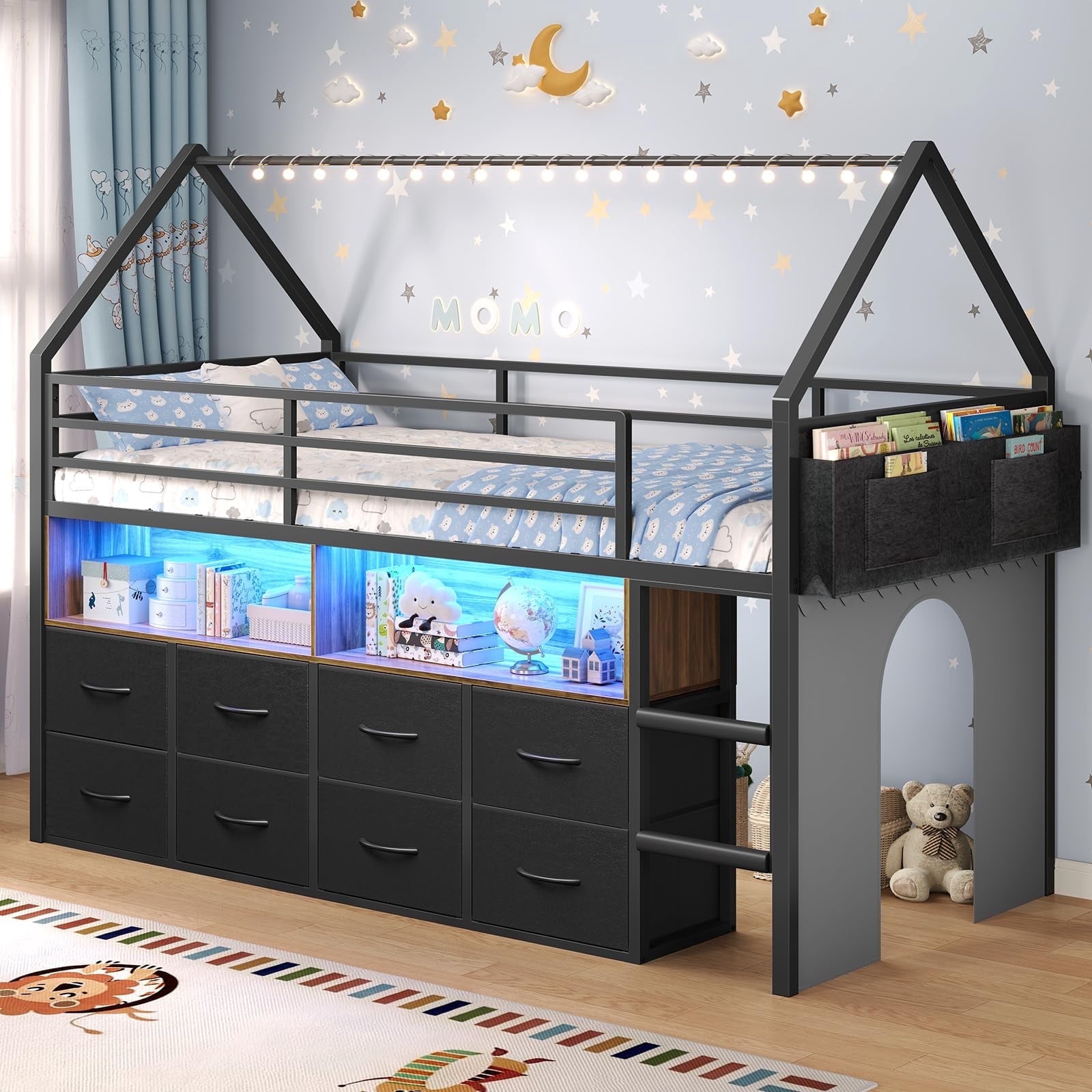 Twin Size Low Loft Bed with 8 Storage Drawers and Bookcase, House ...