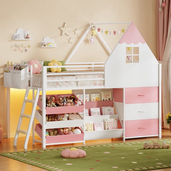 Twin Size Low Loft Bed with Bookshelf, LED Lights, Toy Organizer Bins & 3 Storage Drawers, House Shaped Metal Bed Frame with 14''H Safety Guardrail,Inclined Ladder, Pink White