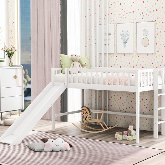 Twin Size Low Loft Bed With And Detachable Slide In White - Pine Made For Long-term Enjoyment Fun, Space Vertical Design, Removable Enjoyable Spacious
