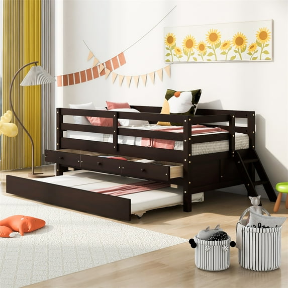 Twin Size Loft Bed, Modern Multi-Function Solid Wood Low Bed Frame with Safety Fence, Climbing Ladder, Storage Drawers and Trundle, Low Loft Bed Frame for Kids, Teens Bedroom, Espresso