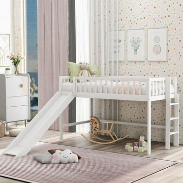 Twin Size Low Loft Bed with Ladder and Slide,Toddler Loft bed with Safety Long- Length Guardrails,Solid Pine Wooden Bedframe for Boys Girls Teens,No Box Spring Needed & Space Saving Design, White
