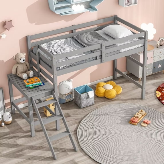 Twin Size Low Loft Bed with Platform, Ladder and Safety Guardrail, Solid Wood Loft Bed Frame w/Capacious Underneath Space for Boys Girls Bedroom, No Box Spring Need, Noise Free, Grey