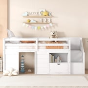 Twin Size Low Loft Bed with Playhouse Loft Bed Frame with Drawer, Shelf,Stairs and Safety Guardrail for Teens, Girls or Boys Loft, Strong Wood Slats Support,Gray