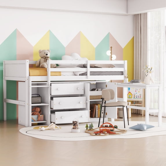 Twin Size Low Loft Bed with Pull-Out Desk, Wooden Loft Bed Frame with Cabinet, Storage Shelves and 3 Drawers for Boys Girls Bedroom, No Box Spring Needed