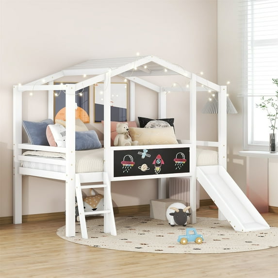 Twin Size Low Loft Bed with Slide and Ladder, Wood Playhouse Twin Loft Bed with Blackboard and Light Strip on The Roof, Twin House Bed for Boys/Girls Bedroom, No Box Spring Needed