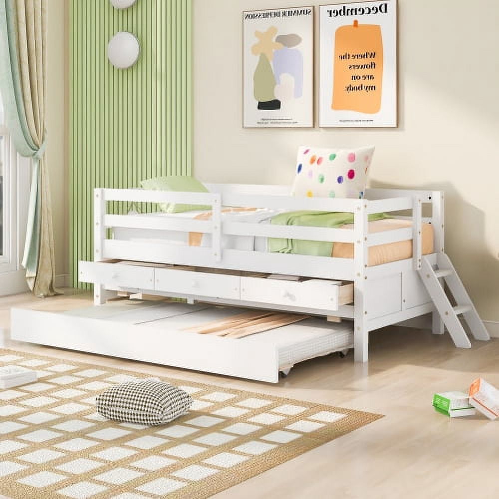 Twin Size Low Loft Bed, Solid Wood Bed Frame with Trundle and 3 Storage ...