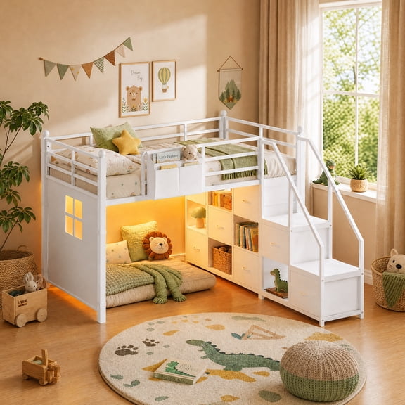Twin Size Low Loft Bed with Stairs & LED Lights, Metal Loft Bed with 7 Storage Drawers, 5 Open Cubbies & Handy Clothes Rail, Reversible Twin Bed with 13.4" Guardrail, Under-Bed Play Area, White