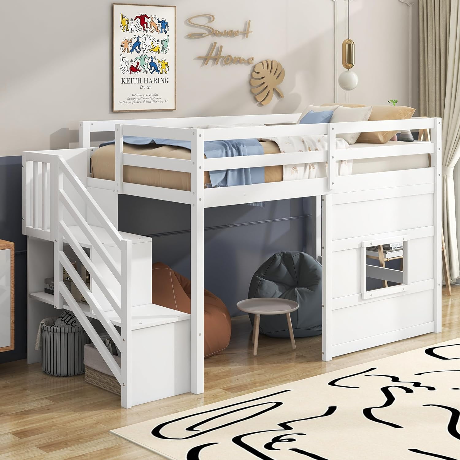Twin Size Low Loft Bed with Stairs, Solid Wood Loft Bed with Storage ...