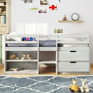 Twin Size Loft Bed with Two Storage Drawer & Two Open Shelves,Solid Pinewood Bedframe with Safety Guardrails & Strong Slats Support,for Toddlers Kids Teens,No Box Spring Needed,Mattress Not Included
